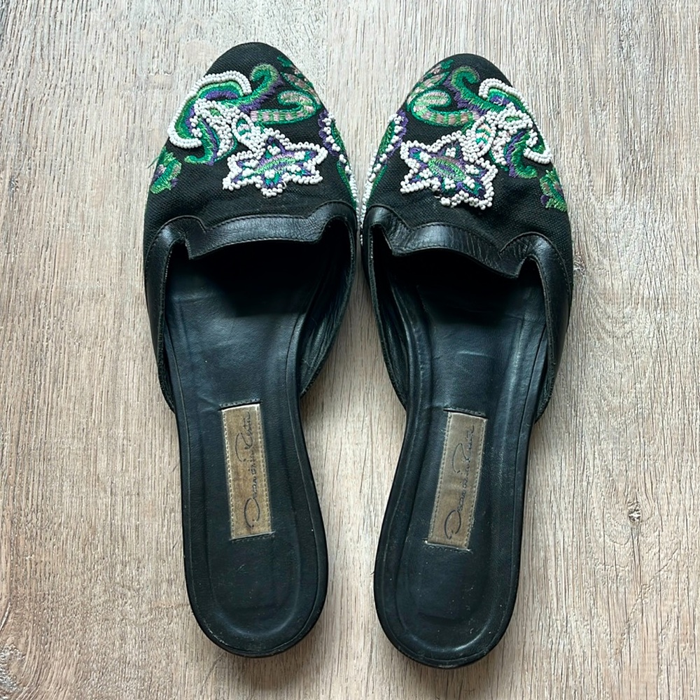 Oscar de la Renta Spanish Mules in black and beaded canvas with leather trim.